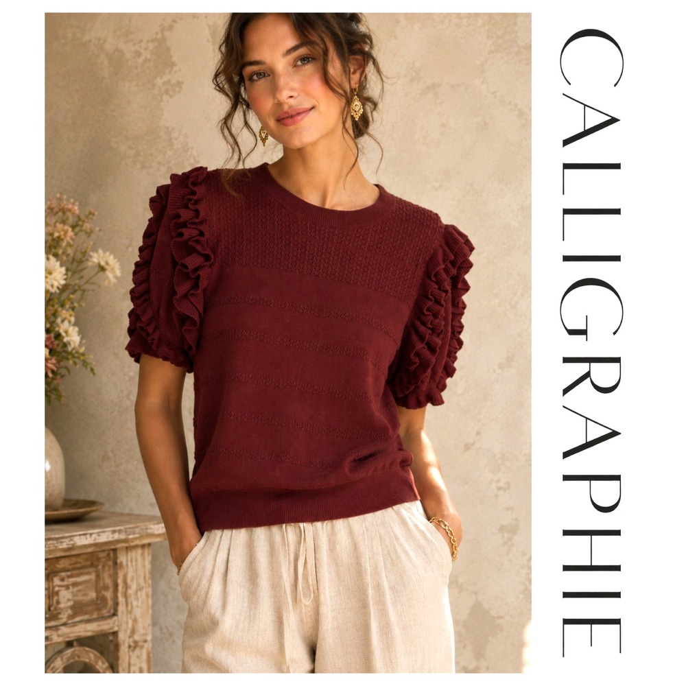 Calligraphie Anthropologie Burgundy Ruffle Short Sleeve Knit Sweater Top M